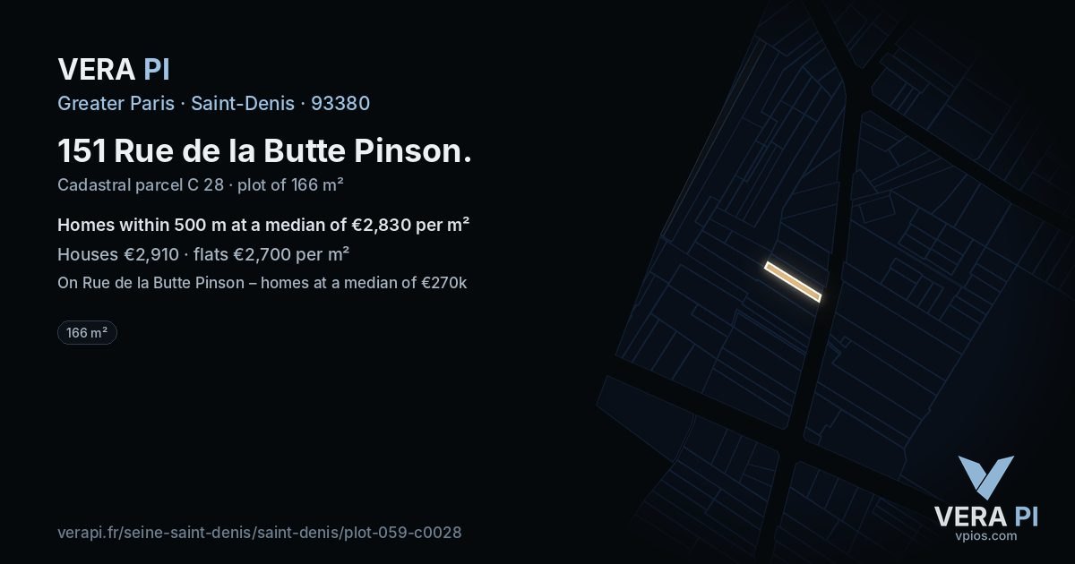 151 Rue de la Butte Pinson, Saint-Denis at night – the plot lit, the parcels around coloured by the prices near them