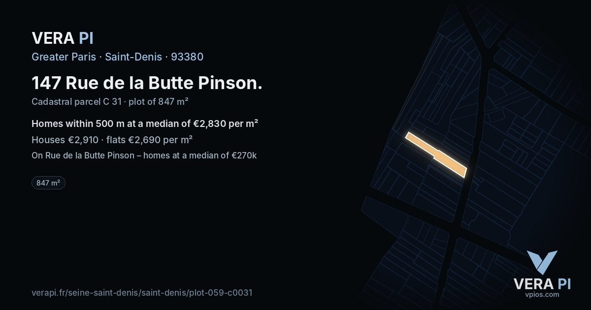 147 Rue de la Butte Pinson, Saint-Denis at night – the plot lit, the parcels around coloured by the prices near them