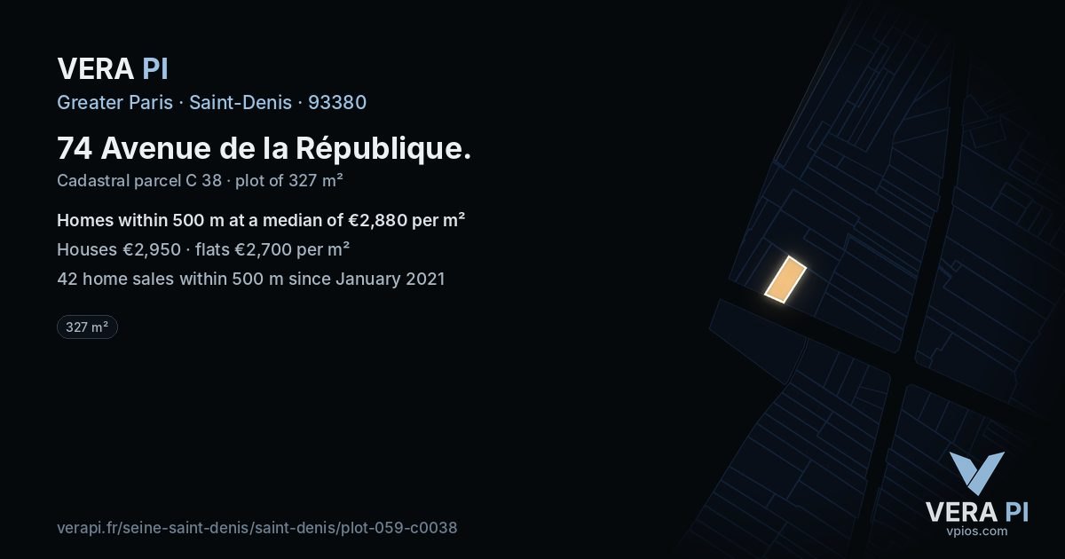 74 Avenue de la République, Saint-Denis at night – the plot lit, the parcels around coloured by the prices near them