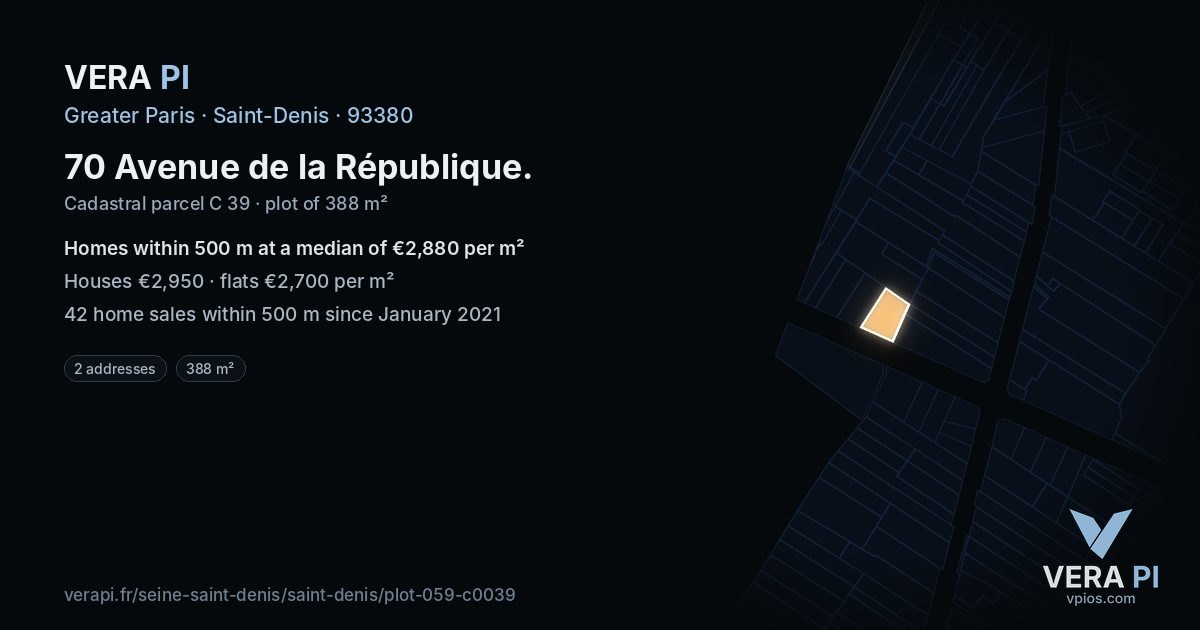 70 Avenue de la République, Saint-Denis at night – the plot lit, the parcels around coloured by the prices near them