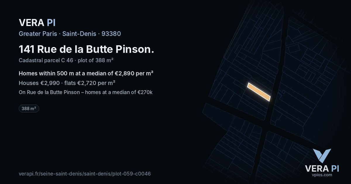 141 Rue de la Butte Pinson, Saint-Denis at night – the plot lit, the parcels around coloured by the prices near them