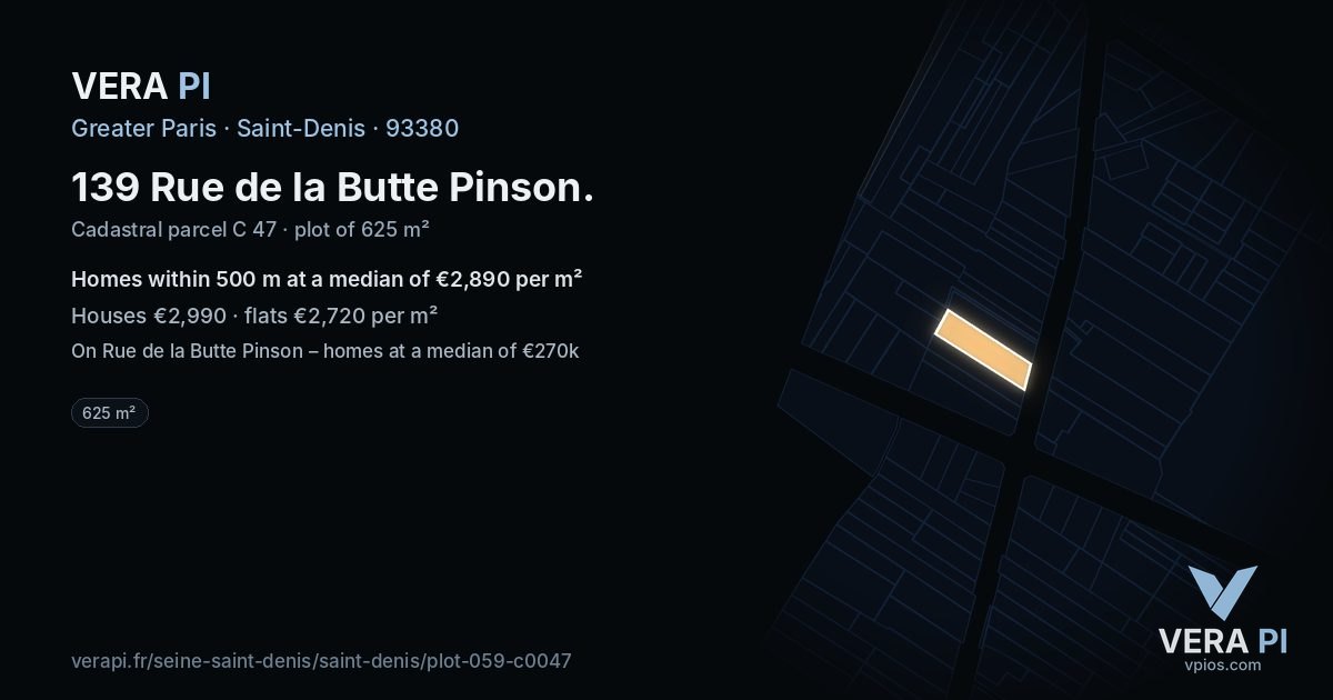 139 Rue de la Butte Pinson, Saint-Denis at night – the plot lit, the parcels around coloured by the prices near them