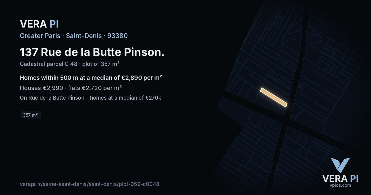 137 Rue de la Butte Pinson, Saint-Denis at night – the plot lit, the parcels around coloured by the prices near them