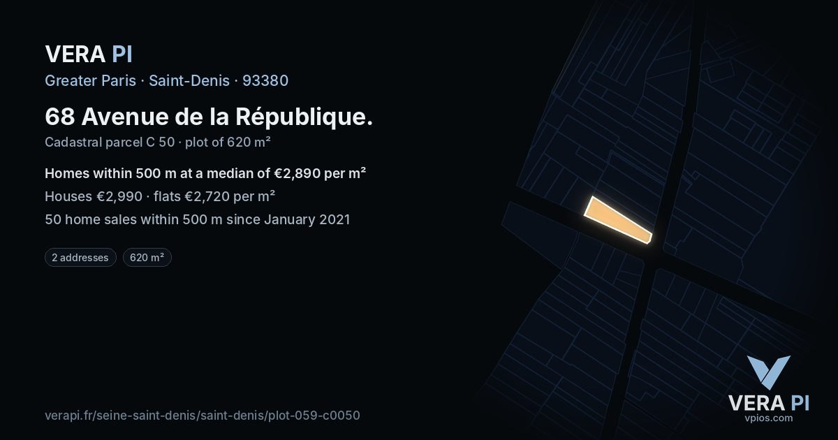 68 Avenue de la République, Saint-Denis at night – the plot lit, the parcels around coloured by the prices near them