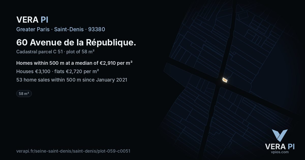 60 Avenue de la République, Saint-Denis at night – the plot lit, the parcels around coloured by the prices near them