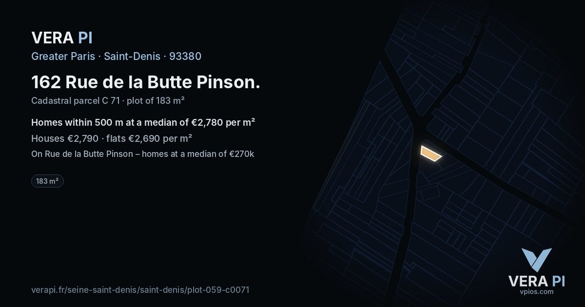 162 Rue de la Butte Pinson, Saint-Denis at night – the plot lit, the parcels around coloured by the prices near them