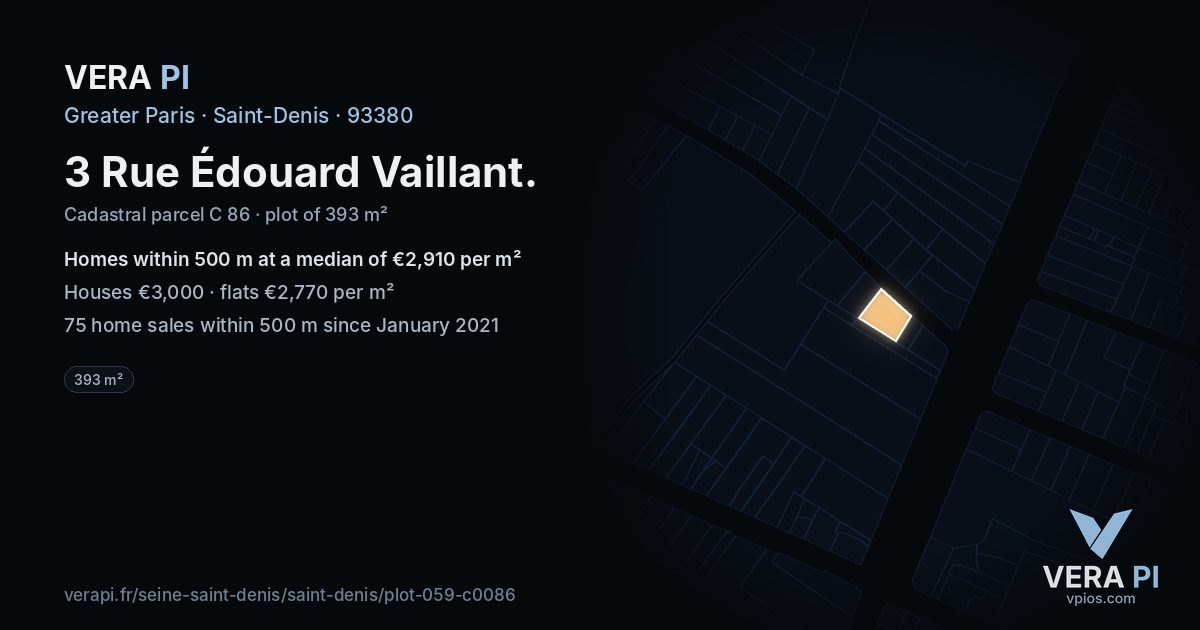3 Rue Édouard Vaillant, Saint-Denis at night – the plot lit, the parcels around coloured by the prices near them
