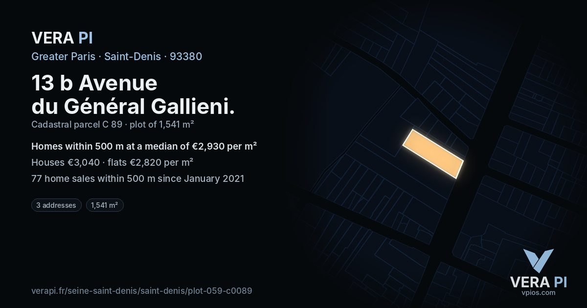 13 b Avenue du Général Gallieni, Saint-Denis at night – the plot lit, the parcels around coloured by the prices near them
