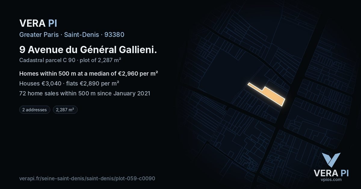 9 Avenue du Général Gallieni, Saint-Denis at night – the plot lit, the parcels around coloured by the prices near them