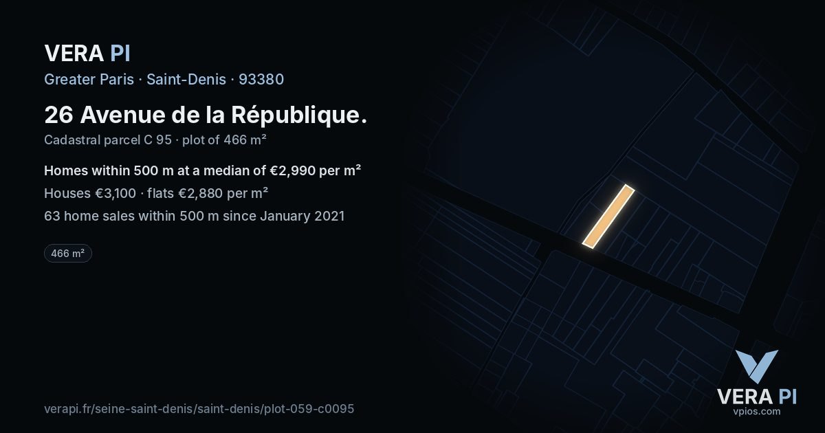 26 Avenue de la République, Saint-Denis at night – the plot lit, the parcels around coloured by the prices near them