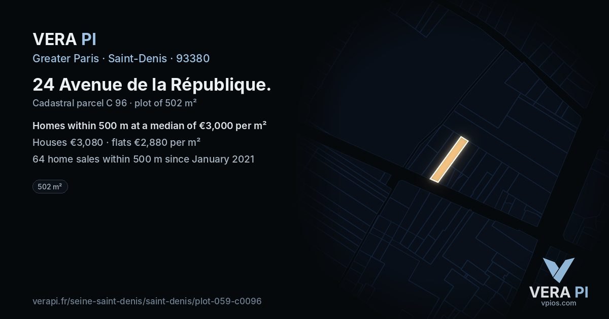 24 Avenue de la République, Saint-Denis at night – the plot lit, the parcels around coloured by the prices near them