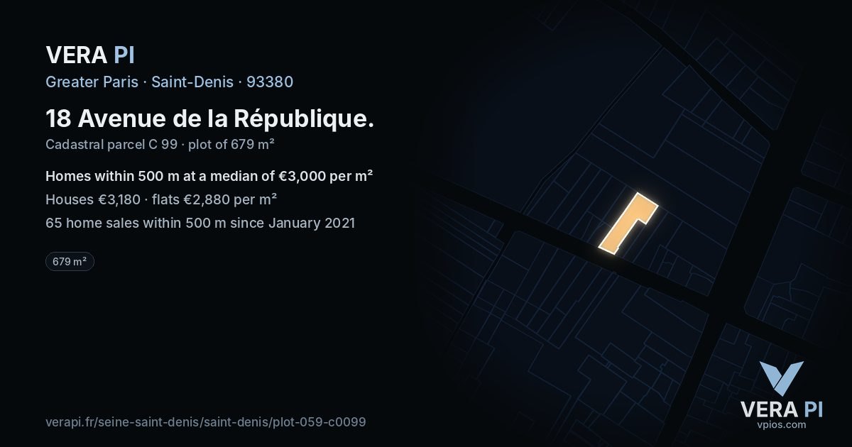 18 Avenue de la République, Saint-Denis at night – the plot lit, the parcels around coloured by the prices near them