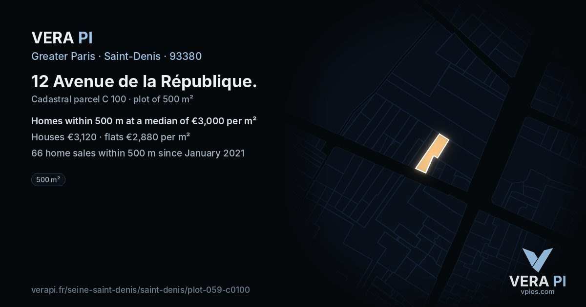 12 Avenue de la République, Saint-Denis at night – the plot lit, the parcels around coloured by the prices near them