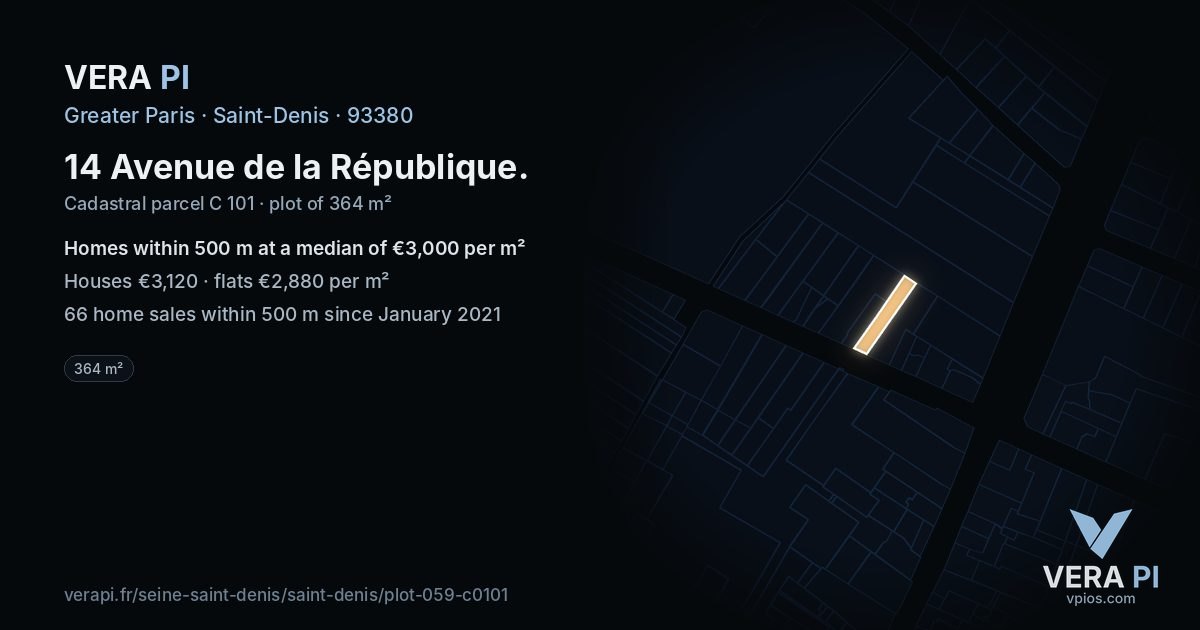 14 Avenue de la République, Saint-Denis at night – the plot lit, the parcels around coloured by the prices near them