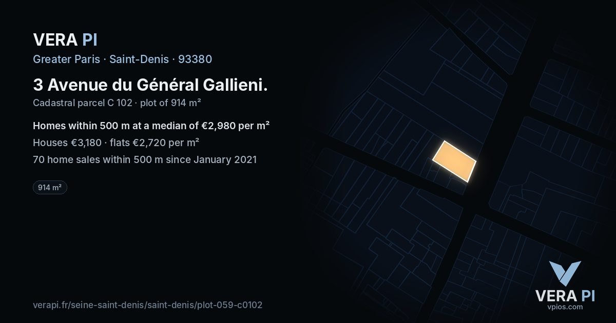 3 Avenue du Général Gallieni, Saint-Denis at night – the plot lit, the parcels around coloured by the prices near them