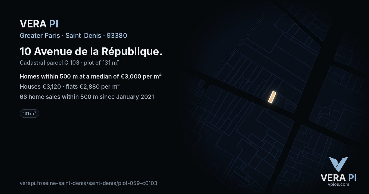 10 Avenue de la République, Saint-Denis at night – the plot lit, the parcels around coloured by the prices near them