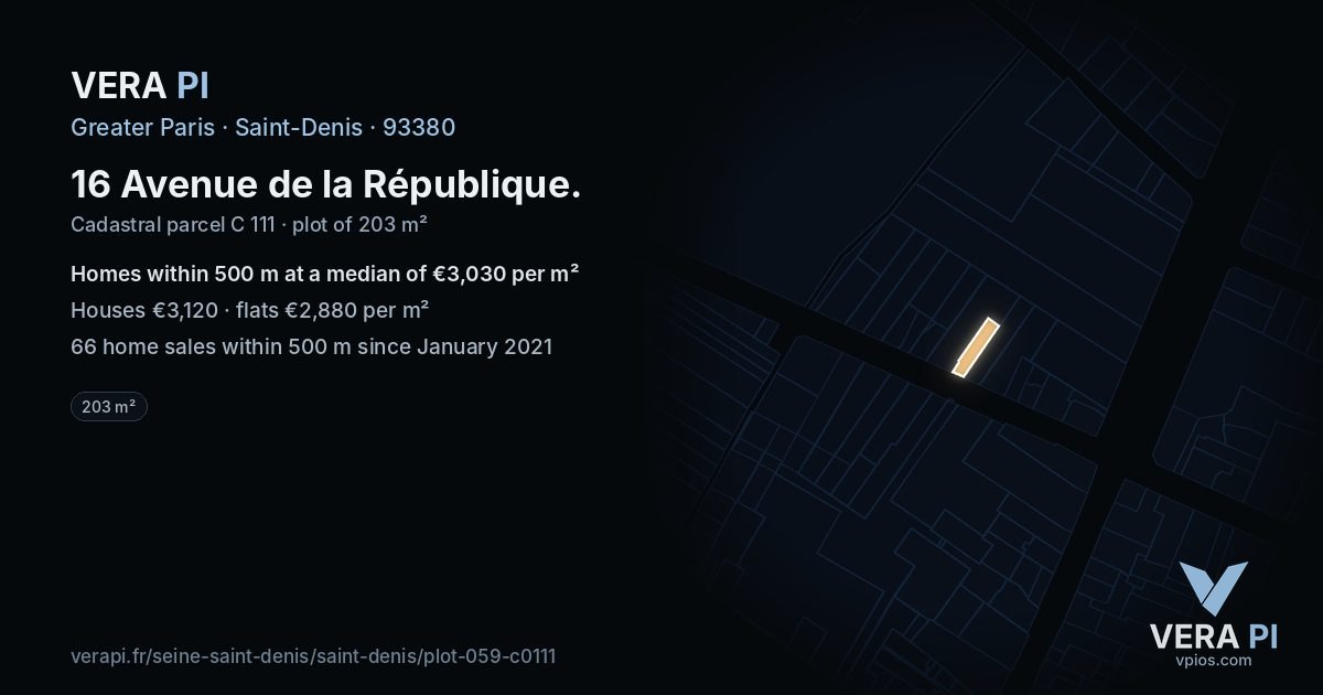 16 Avenue de la République, Saint-Denis at night – the plot lit, the parcels around coloured by the prices near them