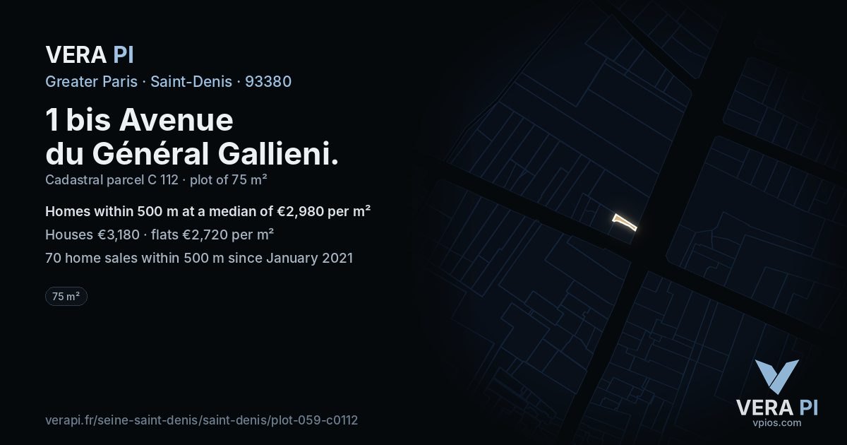 1 bis Avenue du Général Gallieni, Saint-Denis at night – the plot lit, the parcels around coloured by the prices near them