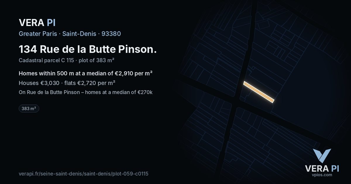 134 Rue de la Butte Pinson, Saint-Denis at night – the plot lit, the parcels around coloured by the prices near them
