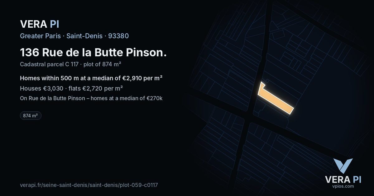 136 Rue de la Butte Pinson, Saint-Denis at night – the plot lit, the parcels around coloured by the prices near them