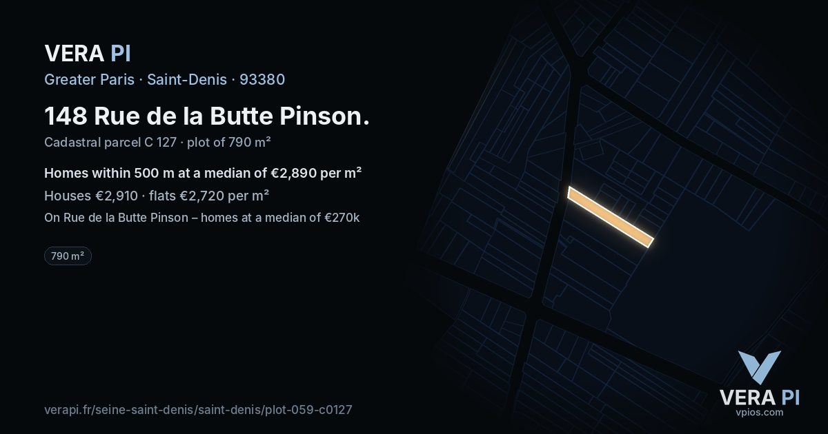148 Rue de la Butte Pinson, Saint-Denis at night – the plot lit, the parcels around coloured by the prices near them