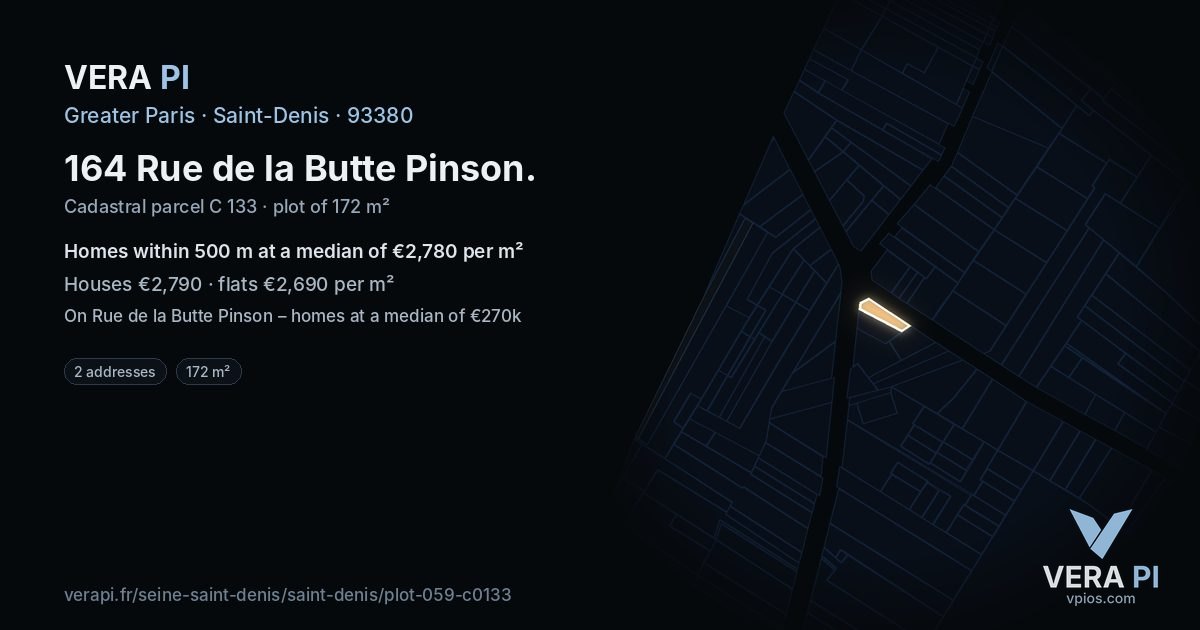 164 Rue de la Butte Pinson, Saint-Denis at night – the plot lit, the parcels around coloured by the prices near them
