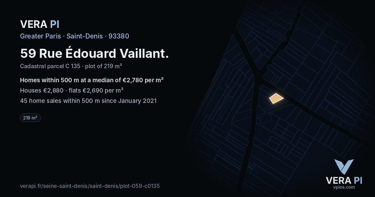 59 Rue Édouard Vaillant, Saint-Denis at night – the plot lit, the parcels around coloured by the prices near them