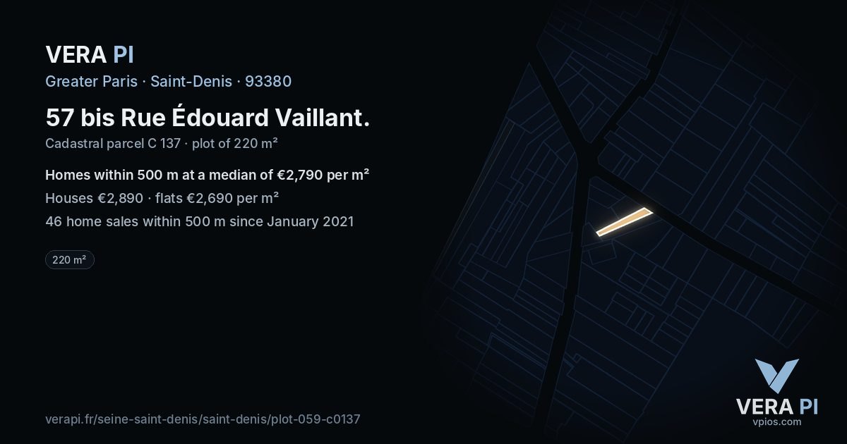 57 bis Rue Édouard Vaillant, Saint-Denis at night – the plot lit, the parcels around coloured by the prices near them