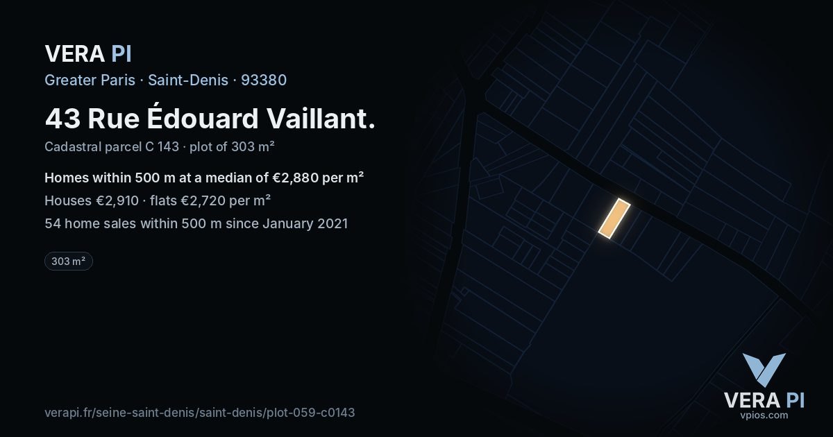 43 Rue Édouard Vaillant, Saint-Denis at night – the plot lit, the parcels around coloured by the prices near them
