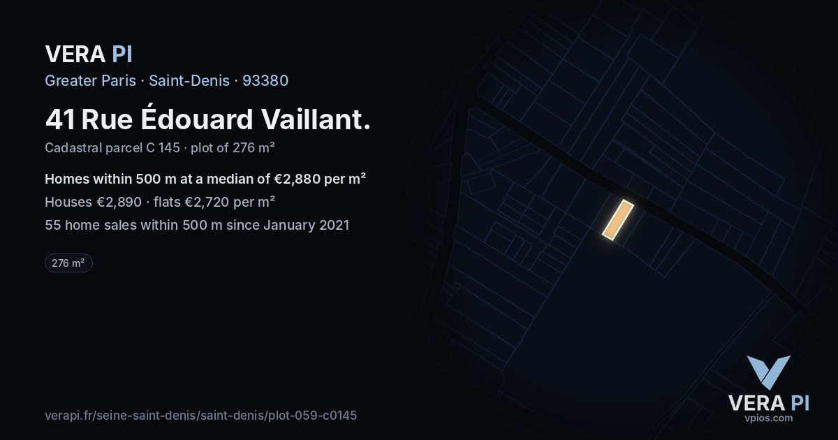 41 Rue Édouard Vaillant, Saint-Denis at night – the plot lit, the parcels around coloured by the prices near them