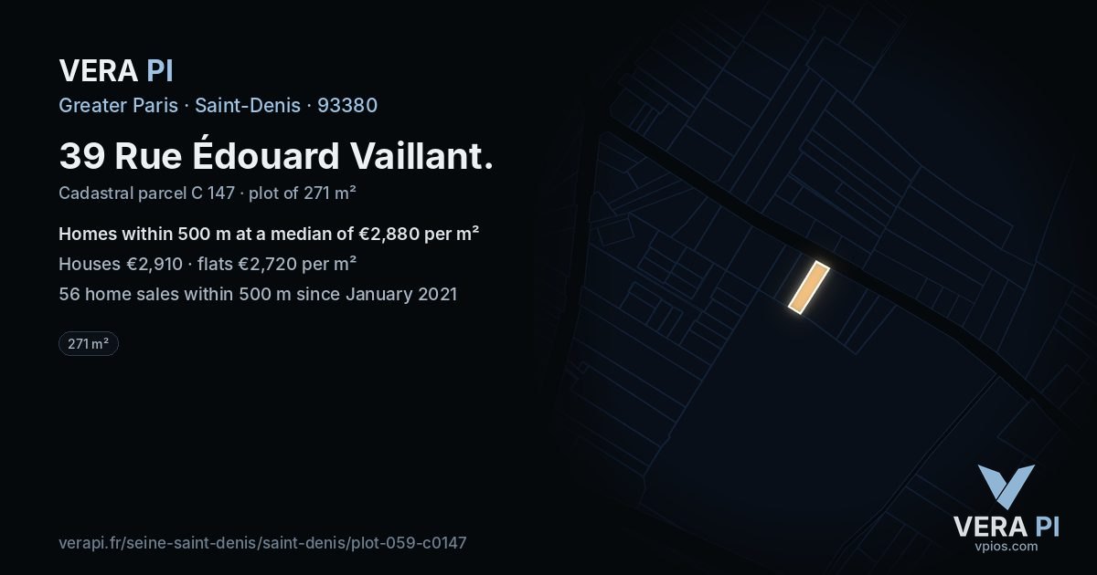 39 Rue Édouard Vaillant, Saint-Denis at night – the plot lit, the parcels around coloured by the prices near them