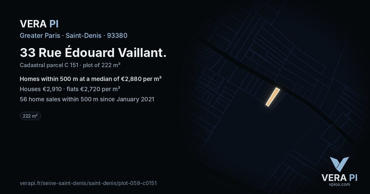 33 Rue Édouard Vaillant, Saint-Denis at night – the plot lit, the parcels around coloured by the prices near them