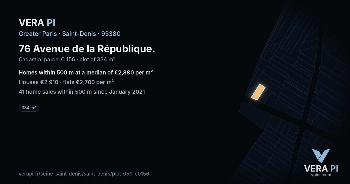 76 Avenue de la République, Saint-Denis at night – the plot lit, the parcels around coloured by the prices near them