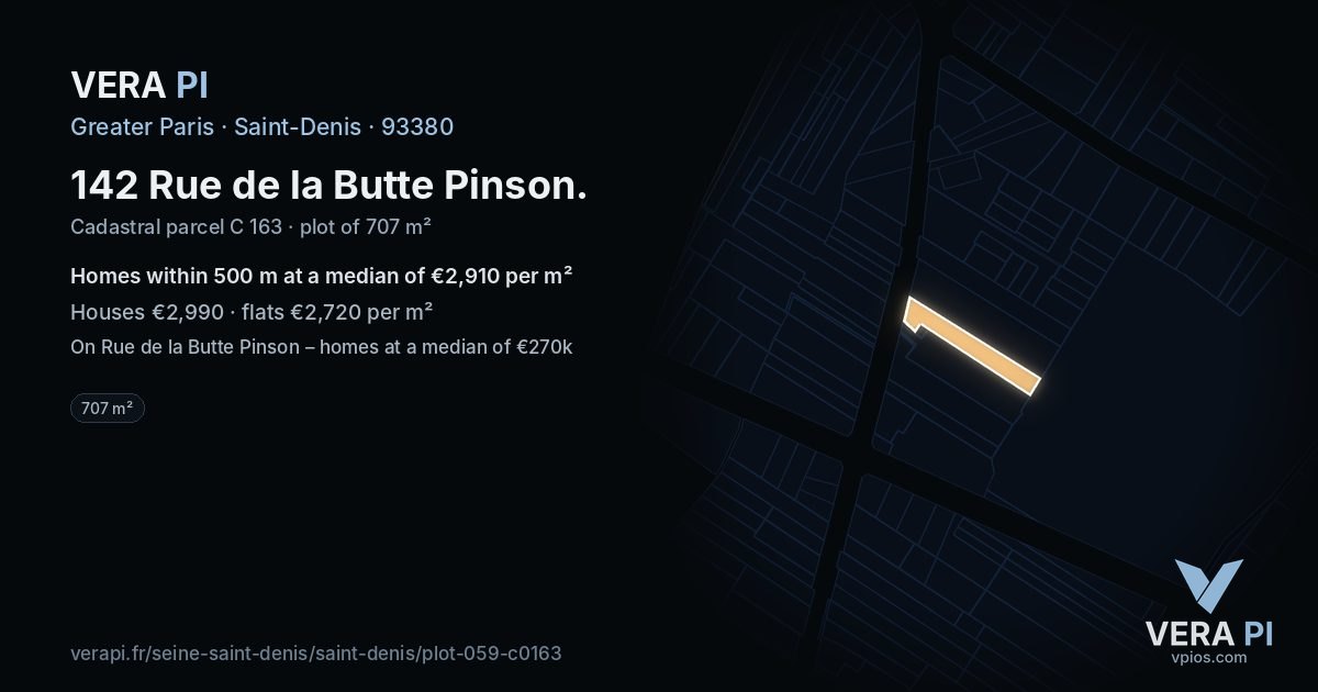 142 Rue de la Butte Pinson, Saint-Denis at night – the plot lit, the parcels around coloured by the prices near them