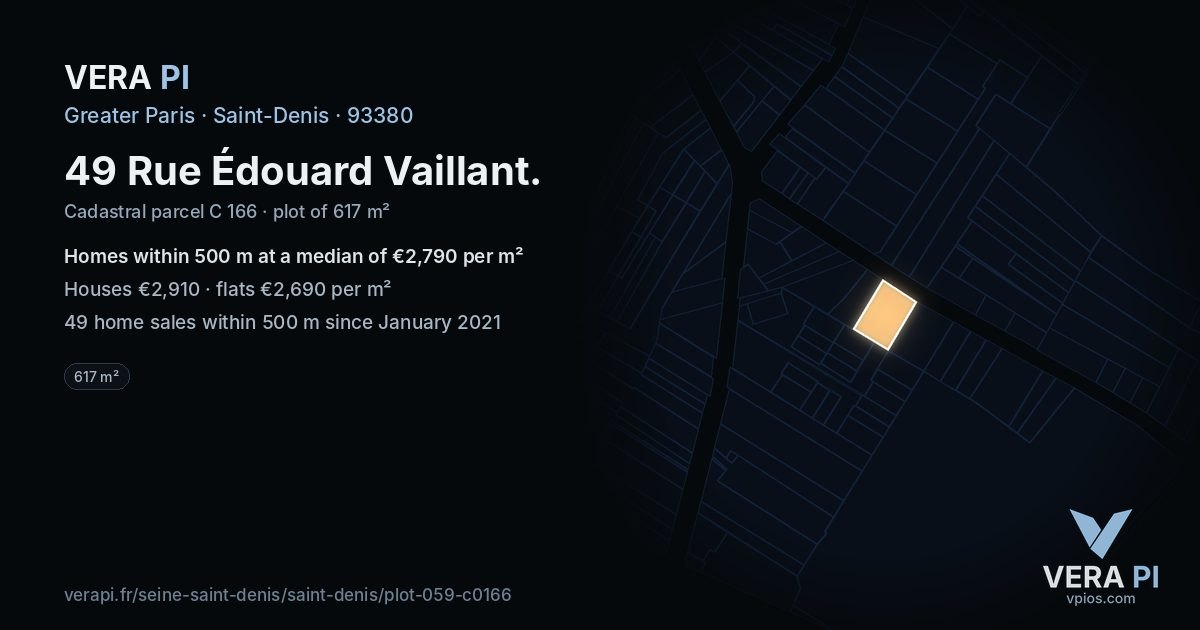 49 Rue Édouard Vaillant, Saint-Denis at night – the plot lit, the parcels around coloured by the prices near them