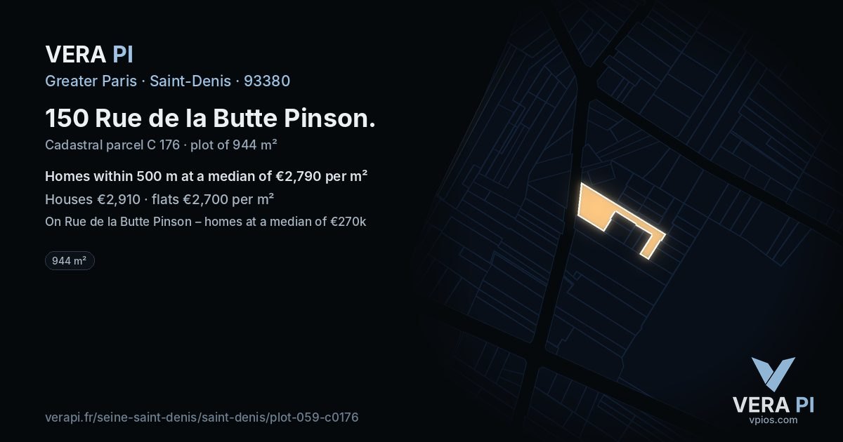 150 Rue de la Butte Pinson, Saint-Denis at night – the plot lit, the parcels around coloured by the prices near them