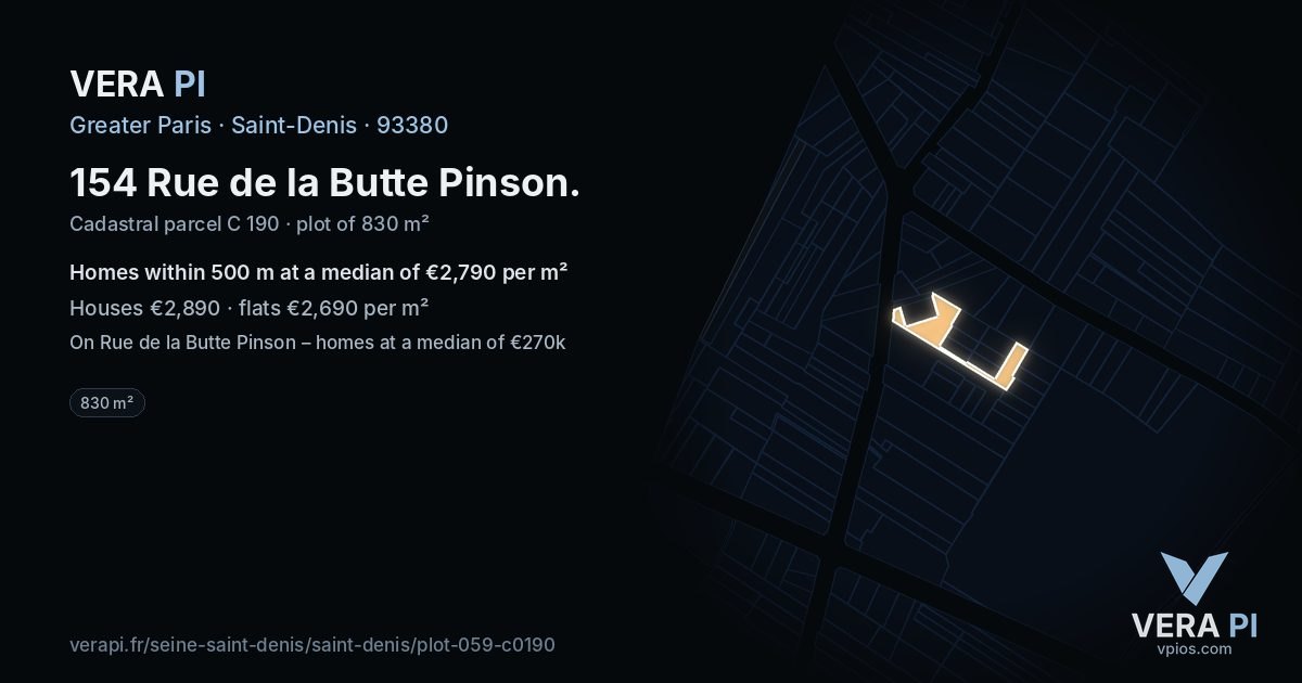 154 Rue de la Butte Pinson, Saint-Denis at night – the plot lit, the parcels around coloured by the prices near them