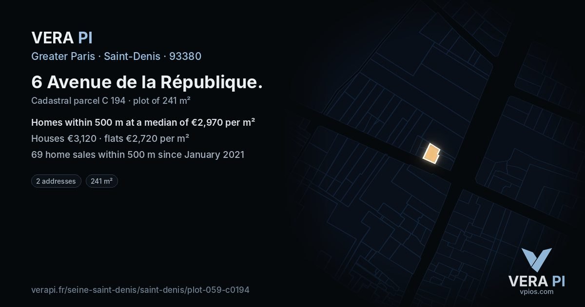 6 Avenue de la République, Saint-Denis at night – the plot lit, the parcels around coloured by the prices near them