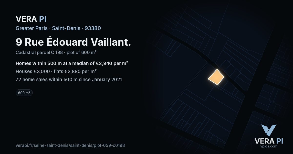 9 Rue Édouard Vaillant, Saint-Denis at night – the plot lit, the parcels around coloured by the prices near them