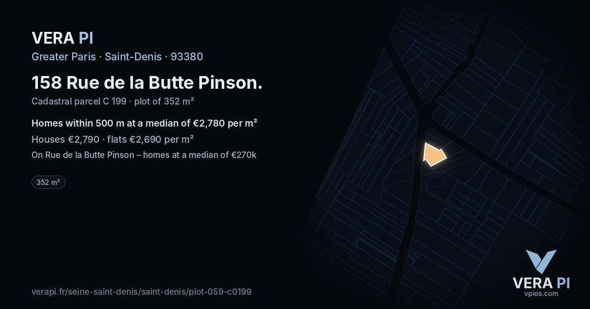 158 Rue de la Butte Pinson, Saint-Denis at night – the plot lit, the parcels around coloured by the prices near them
