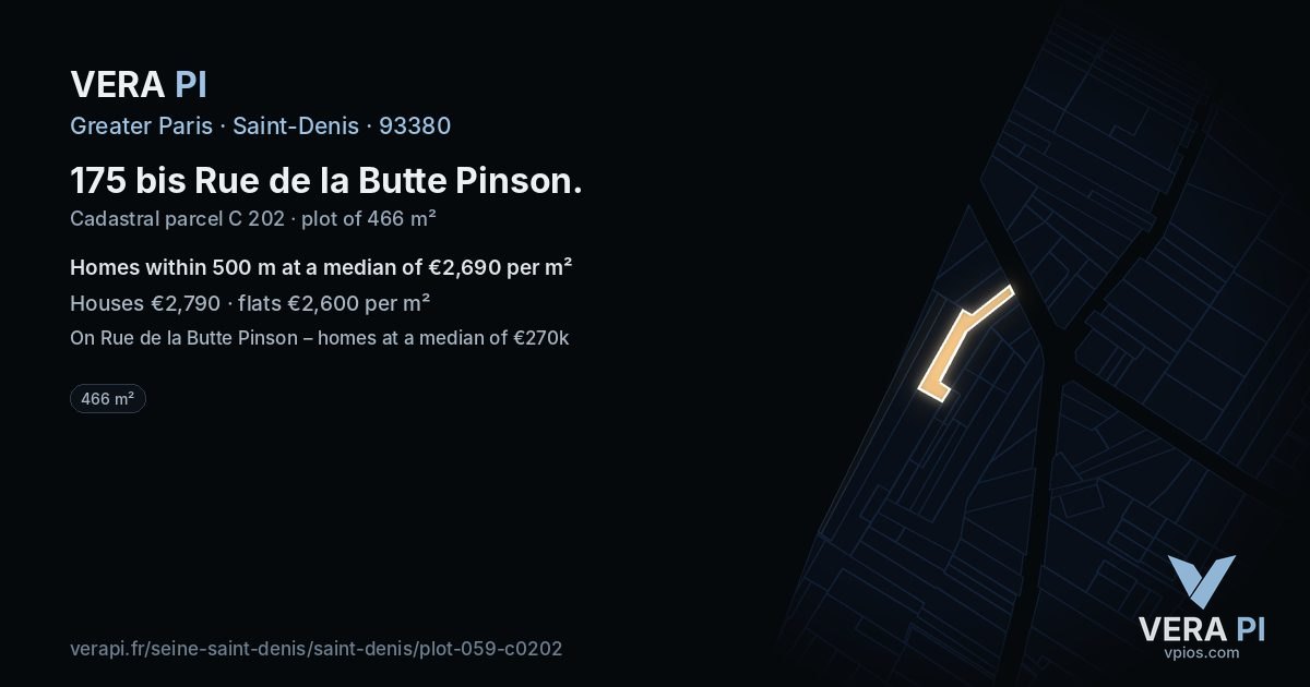 175 bis Rue de la Butte Pinson, Saint-Denis at night – the plot lit, the parcels around coloured by the prices near them