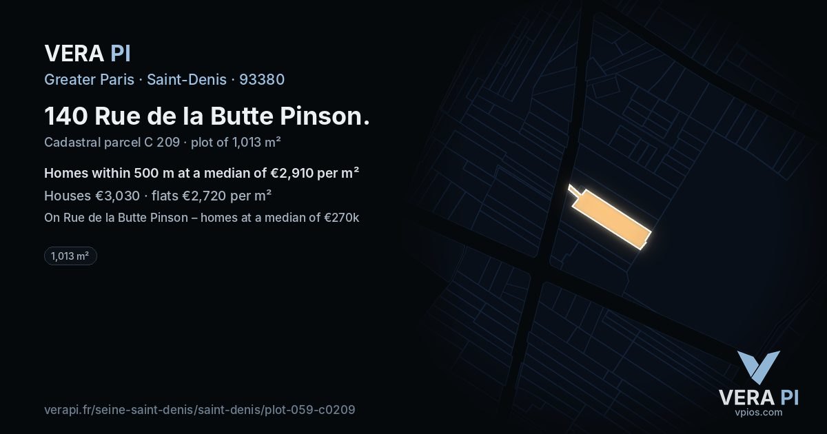 140 Rue de la Butte Pinson, Saint-Denis at night – the plot lit, the parcels around coloured by the prices near them