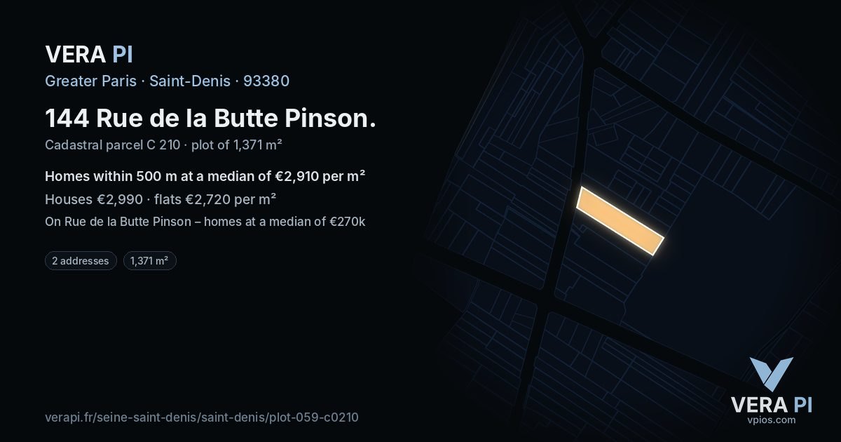 144 Rue de la Butte Pinson, Saint-Denis at night – the plot lit, the parcels around coloured by the prices near them