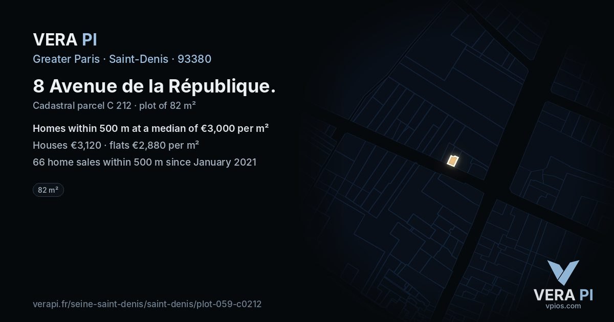 8 Avenue de la République, Saint-Denis at night – the plot lit, the parcels around coloured by the prices near them