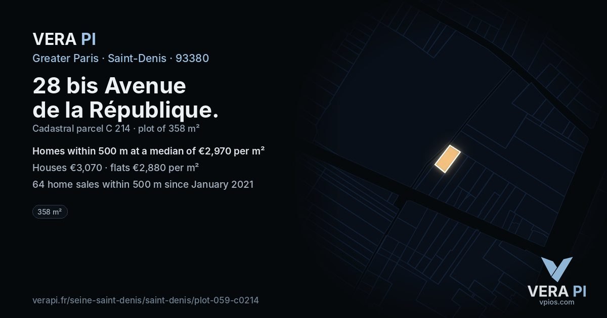 28 bis Avenue de la République, Saint-Denis at night – the plot lit, the parcels around coloured by the prices near them