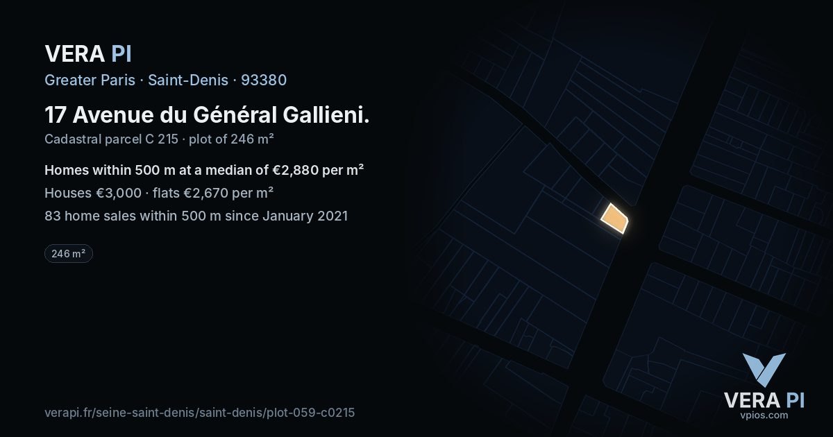 17 Avenue du Général Gallieni, Saint-Denis at night – the plot lit, the parcels around coloured by the prices near them