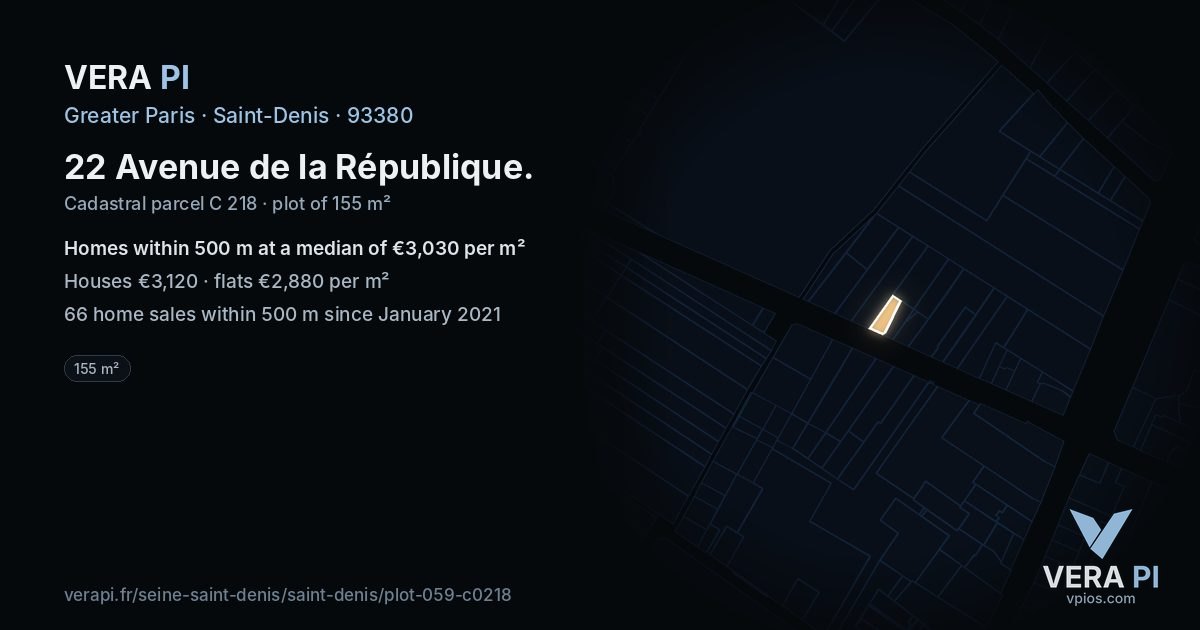 22 Avenue de la République, Saint-Denis at night – the plot lit, the parcels around coloured by the prices near them