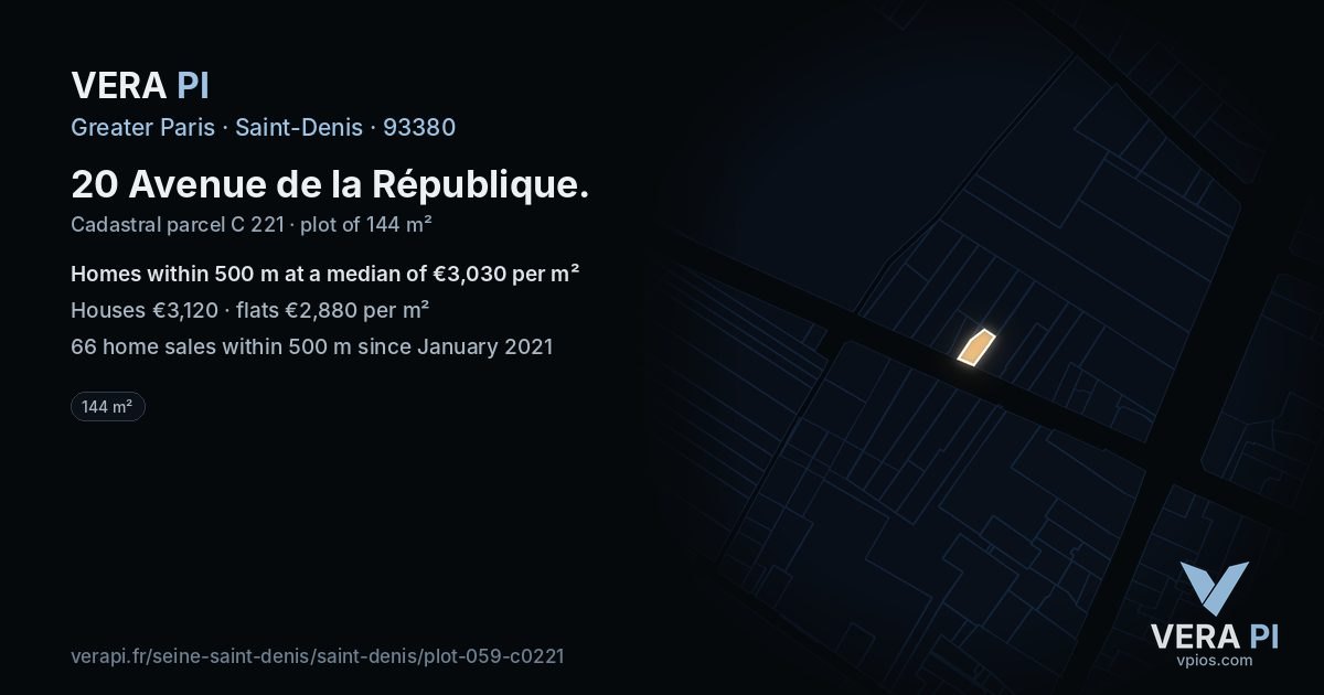 20 Avenue de la République, Saint-Denis at night – the plot lit, the parcels around coloured by the prices near them