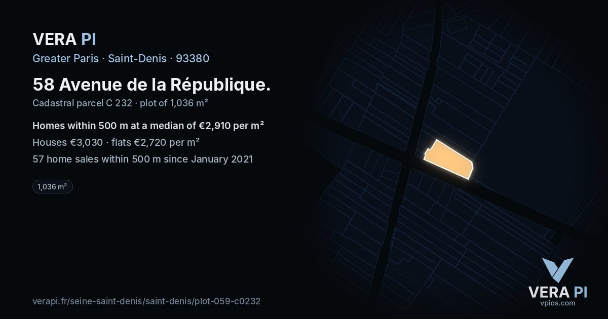 58 Avenue de la République, Saint-Denis at night – the plot lit, the parcels around coloured by the prices near them