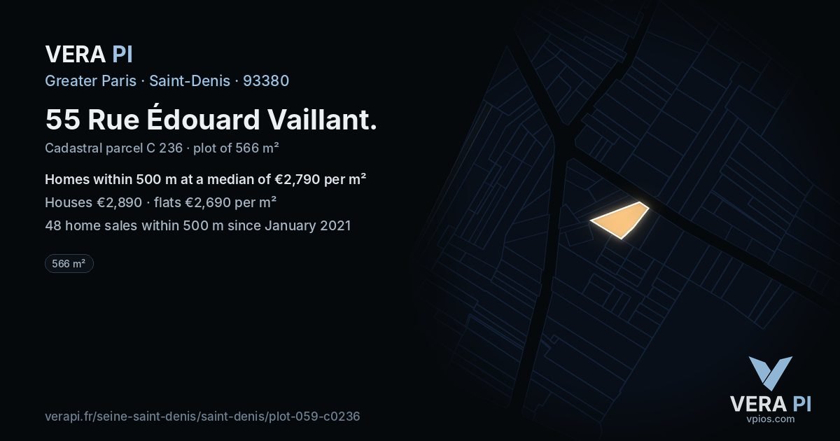 55 Rue Édouard Vaillant, Saint-Denis at night – the plot lit, the parcels around coloured by the prices near them